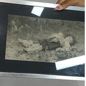 Vintage B&W Print Boy Sleeping in Grass Scene Framed Wall Art Countryside 17x10